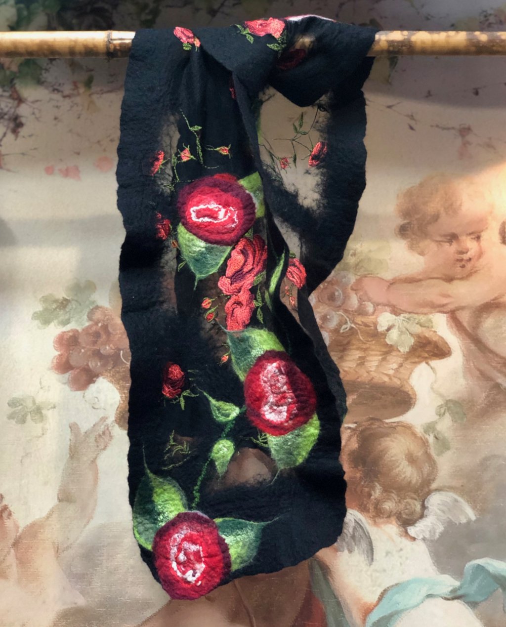 Agnes Foss - Felted Merino Scarf / Wrap - Crimson Roses on Black Background with Silk Inserts Agnes Foss - Felted Merino Scarf / Wrap - Crimson Roses on Black Background with Silk Inserts